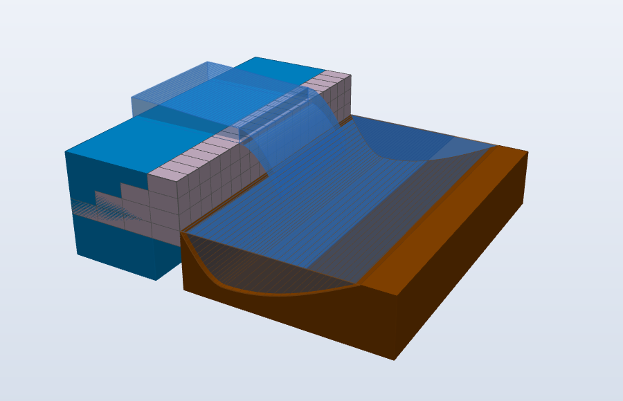 Gabion dike with water and scour hole