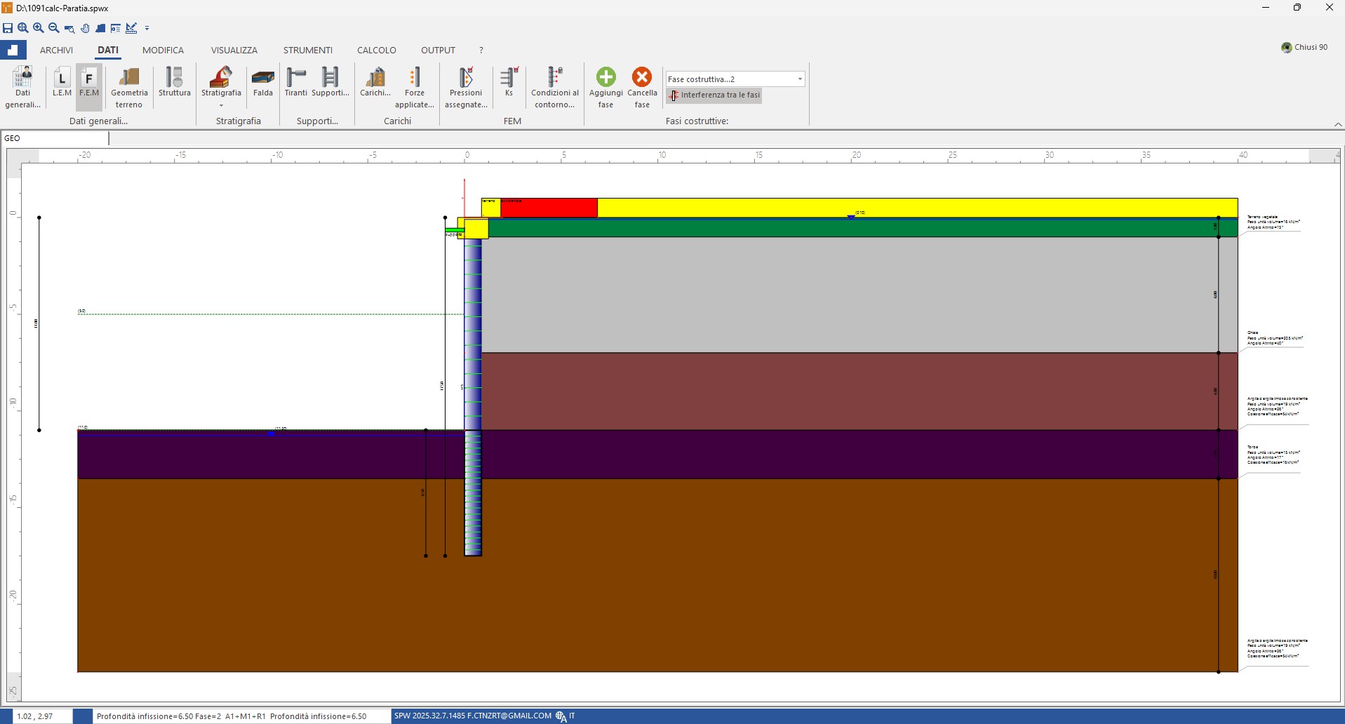 Phase 2 geometry: deeper excavation, strut at the top, Interference between the phases option active